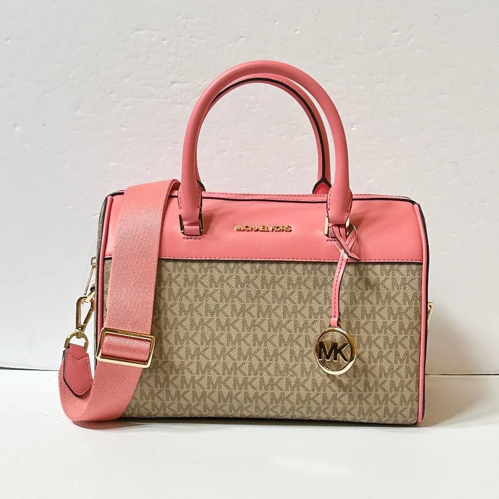 Michael Kors Pink Trim Logo Satchel with Adjustable Strap